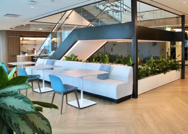 In this Boston office, we use greenery to define spaces while keeping everything connected. Planter beds create natural boundaries between work zones and collaborative areas without hard walls. A perfect example of how plants function beyond aesthetics.